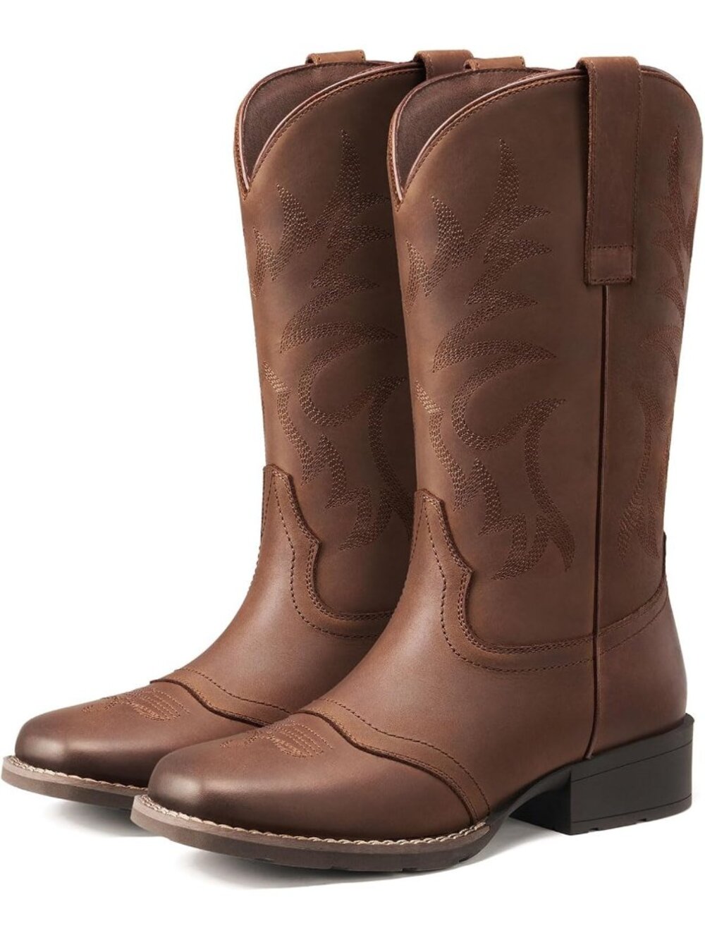 Women's Brown Western Embroidery Square Toe Block Heel Mid Calf Cowgirl Boots